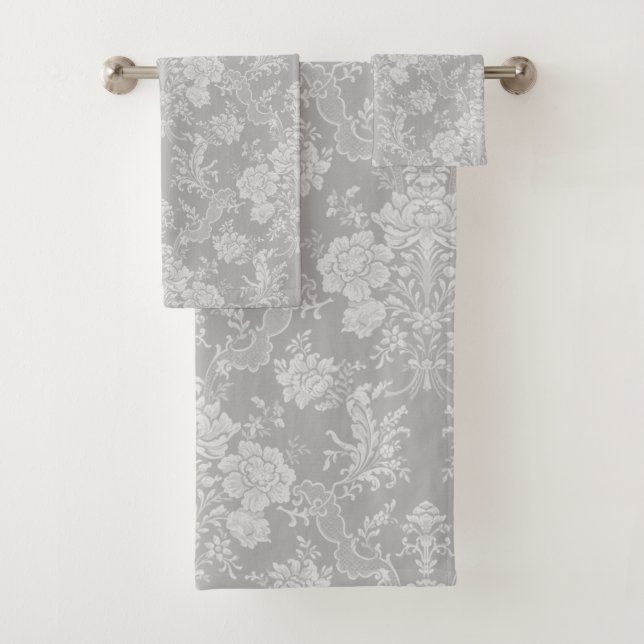 Elegant Romantic Chic Floral Damask-Gray Bath Towel Set (Insitu)