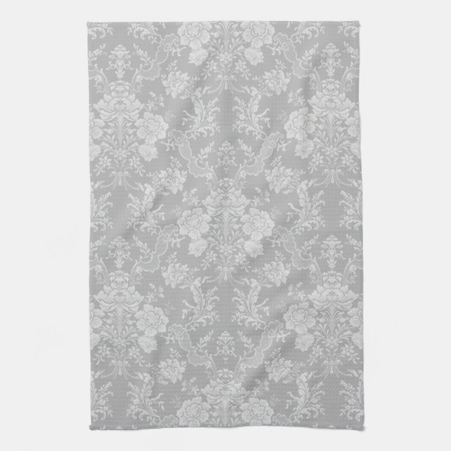 Elegant Romantic Chic Floral Damask-Gray Kitchen Towel (Vertical)