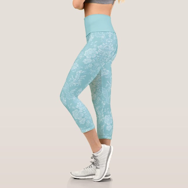Elegant Romantic Chic Floral Damask-Mint Capri Leggings (Left)