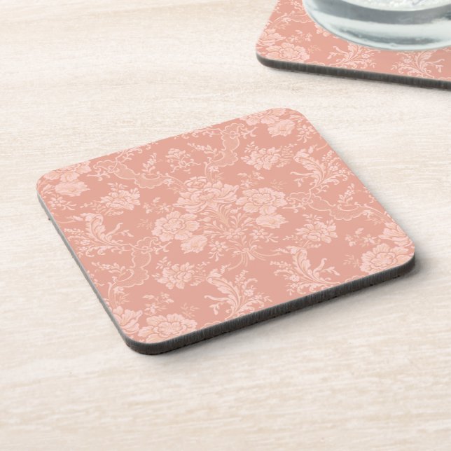 Elegant Romantic Chic Floral Damask-Peach Beverage Coaster (Left Side)