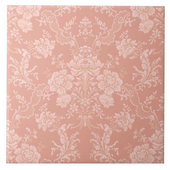 Elegant Romantic Chic Floral Damask-Peach Ceramic Tile (Front)