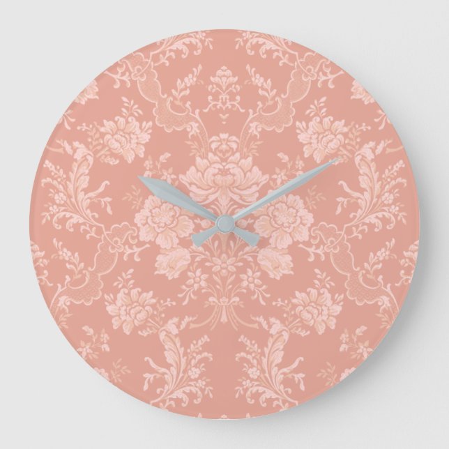 Elegant Romantic Chic Floral Damask-Peach Large Clock (Front)