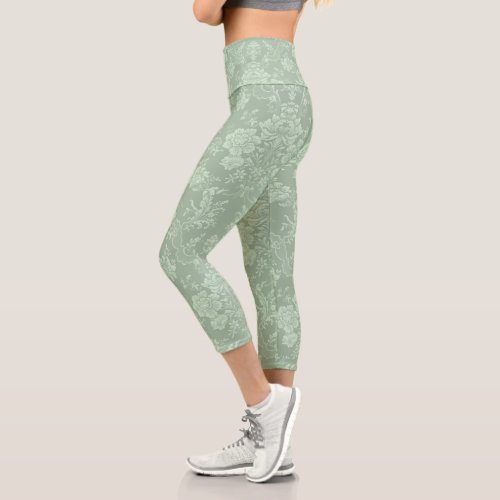 Elegant Romantic Chic Floral Damask_Sage Green Capri Leggings