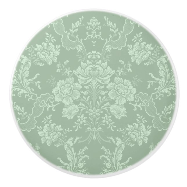 Elegant Romantic Chic Floral Damask-Sage Green Ceramic Knob (Front)