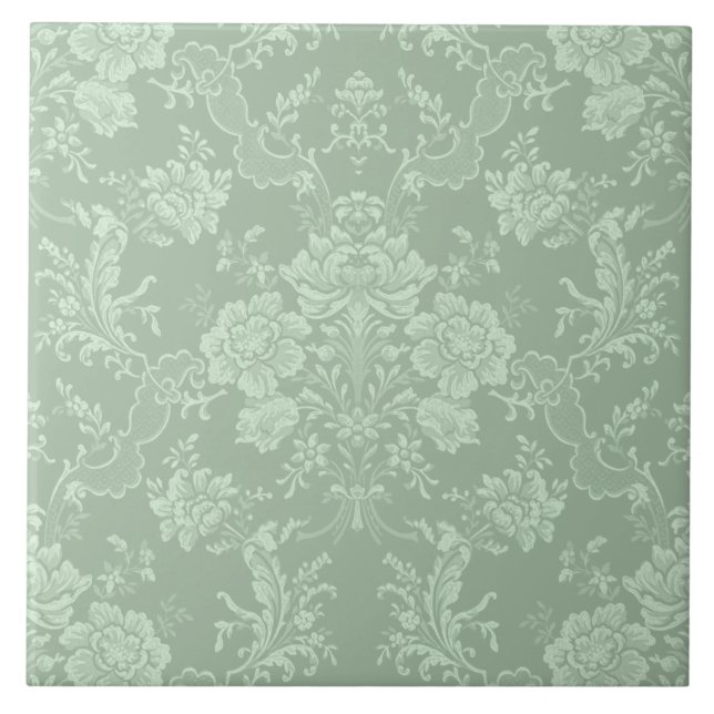 Elegant Romantic Chic Floral Damask-Sage Green Ceramic Tile (Front)