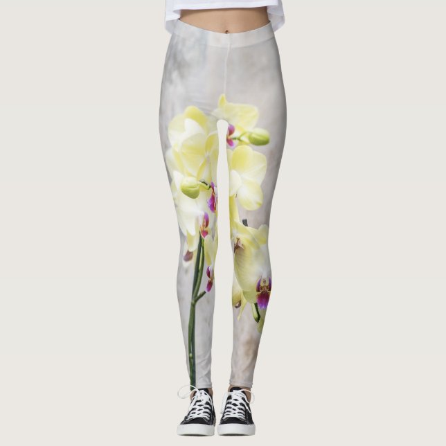 Elegant Romantic Cream & Lilac Orchids Leggings (Front)