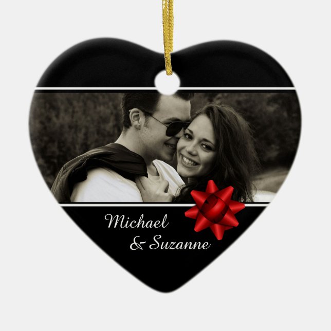 Elegant Romantic Custom Photo Red Ribbon Ceramic Ornament (Front)