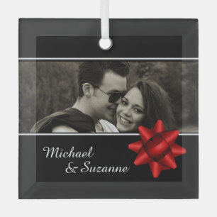 Elegant Romantic Custom Photo Red Ribbon Glass Ornament