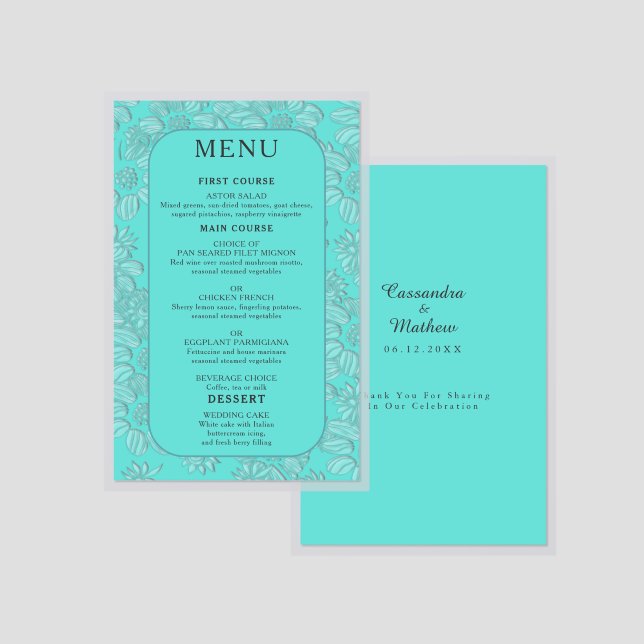 Elegant Romantic Daisy Turquoise Wedding Laminated Menu (Front/Back)