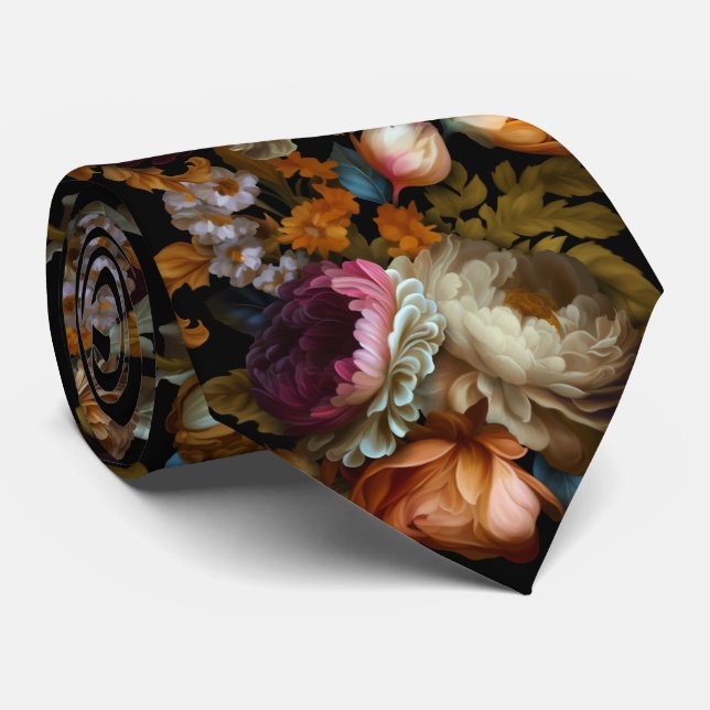 Elegant Romantic Dark Floral Grooms Wedding Neck Tie (Rolled)