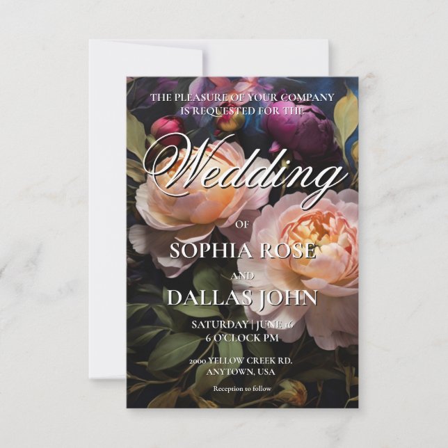 Elegant romantic dark moody floral Wedding Invitation (Front)
