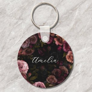 Elegant Romantic Dark Pink Burgundy Botanical Keychain