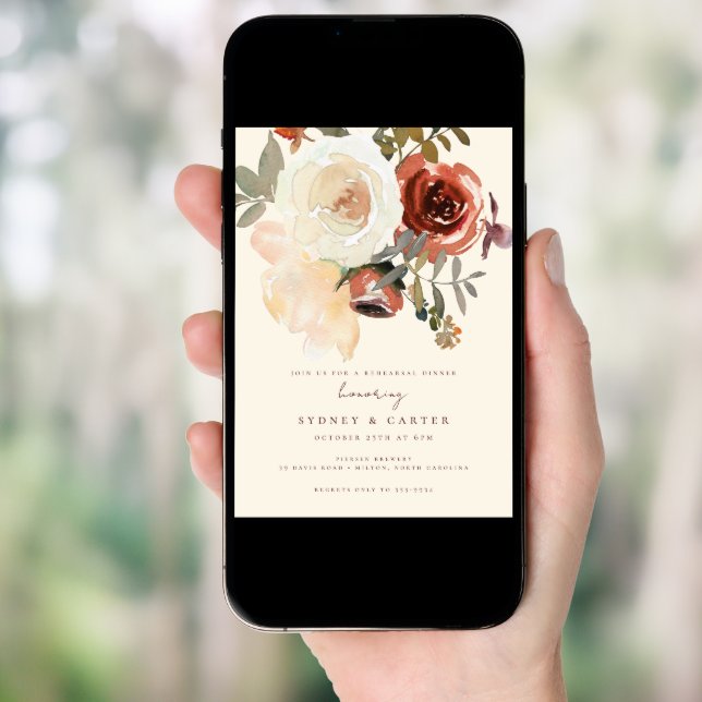 Elegant Romantic Fall Floral Red Rehearsal Dinner Invitation (Front Digital)