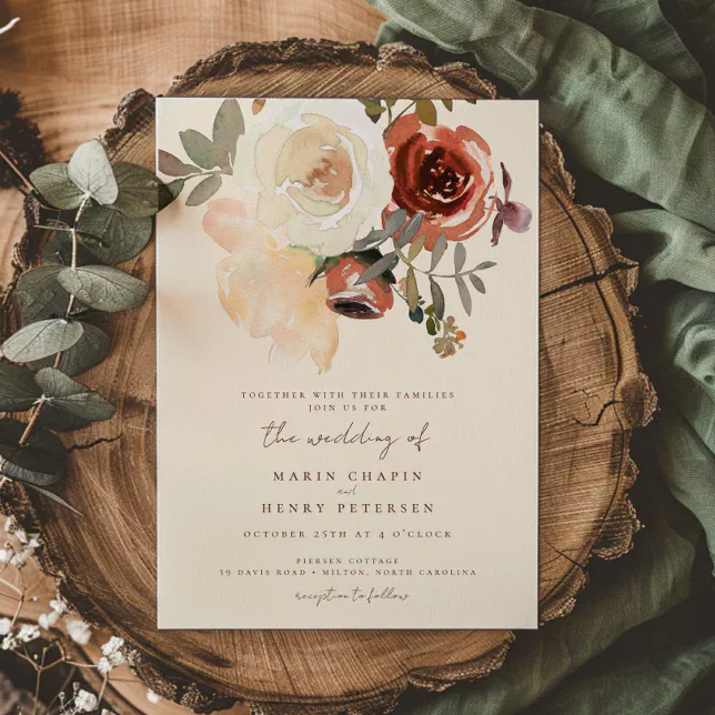 Elegant Romantic Fall Floral Red Wedding Invitation
