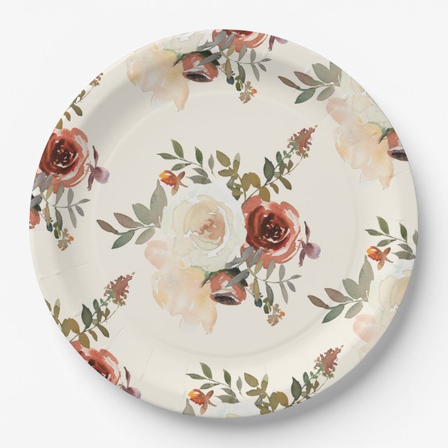 Elegant Romantic Fall Floral Red Wedding Paper Plates (Front)