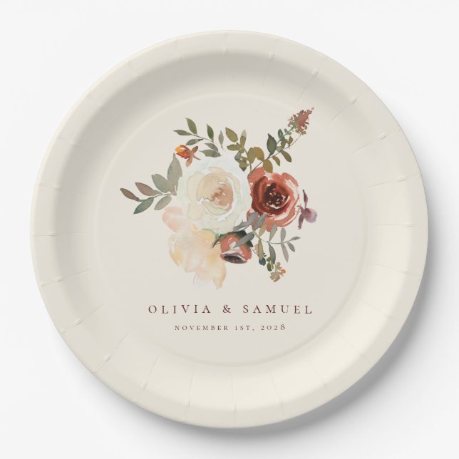 Elegant Romantic Fall Floral Red Wedding Paper Plates (Front)