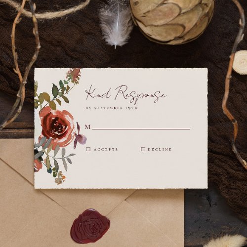 Elegant Romantic Fall Floral Red Wedding RSVP Card