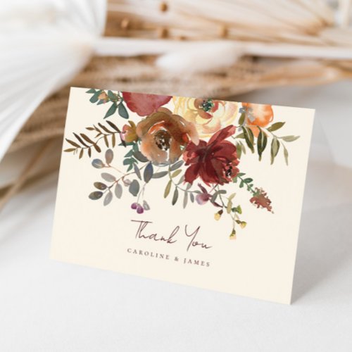 Elegant Romantic Fall Floral Red Wedding Thank You Card