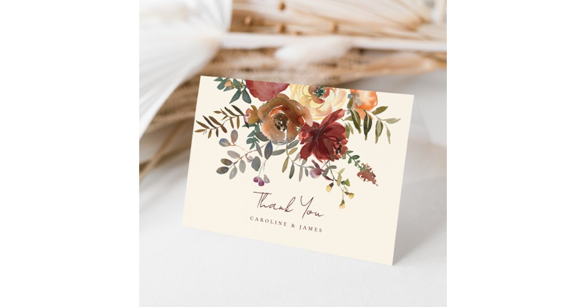 Elegant Romantic Fall Floral Red Wedding Thank You Card | Zazzle