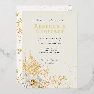 Elegant Romantic Fern Rose Floral Wedding Gold Foil Invitation