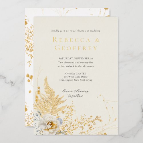 Elegant Romantic Fern Rose Floral Wedding Gold Foil Invitation