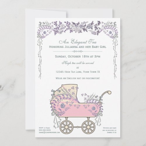 Elegant Romantic Floral Baby Girl Buggy Shower Invitation