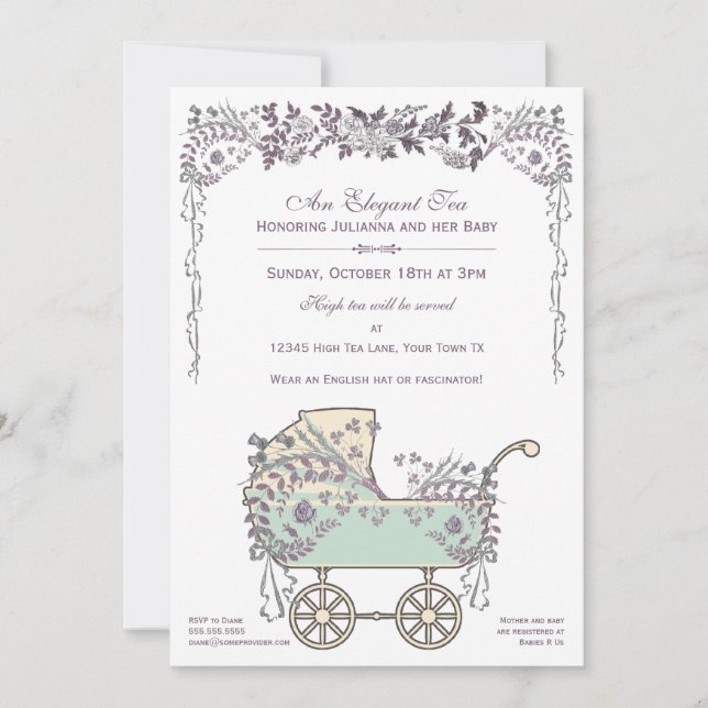Elegant Romantic Floral Baby Girl Buggy Shower Invitation (Front)