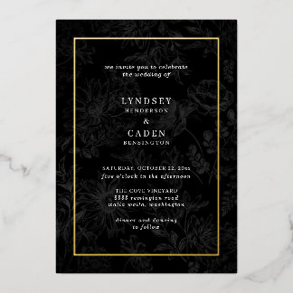 Elegant Romantic Floral Black Wedding Gold Foil Invitation