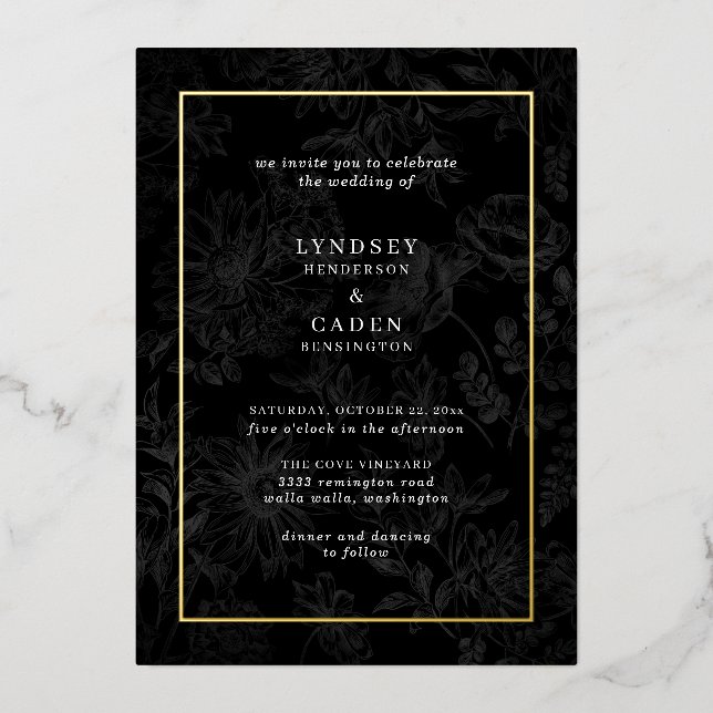 Elegant Romantic Floral Black Wedding Gold Foil Invitation (Front)