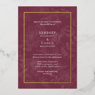 Elegant Romantic Floral Bugundy Wedding Gold Foil Invitation