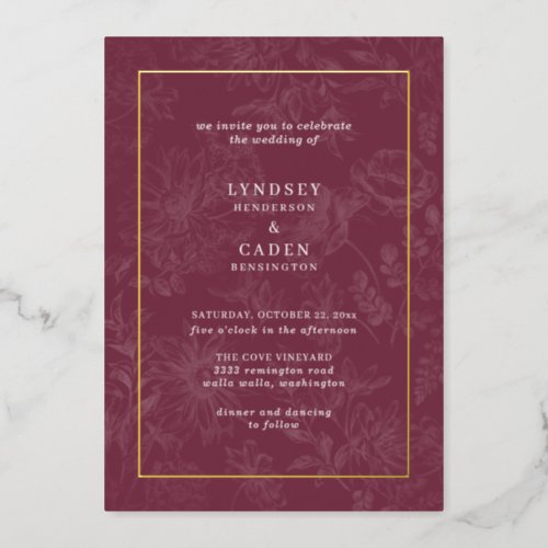 Elegant Romantic Floral Bugundy Wedding Gold Foil Invitation