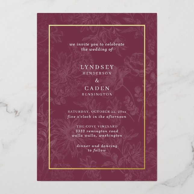 Elegant Romantic Floral Bugundy Wedding Gold Foil Invitation (Front)