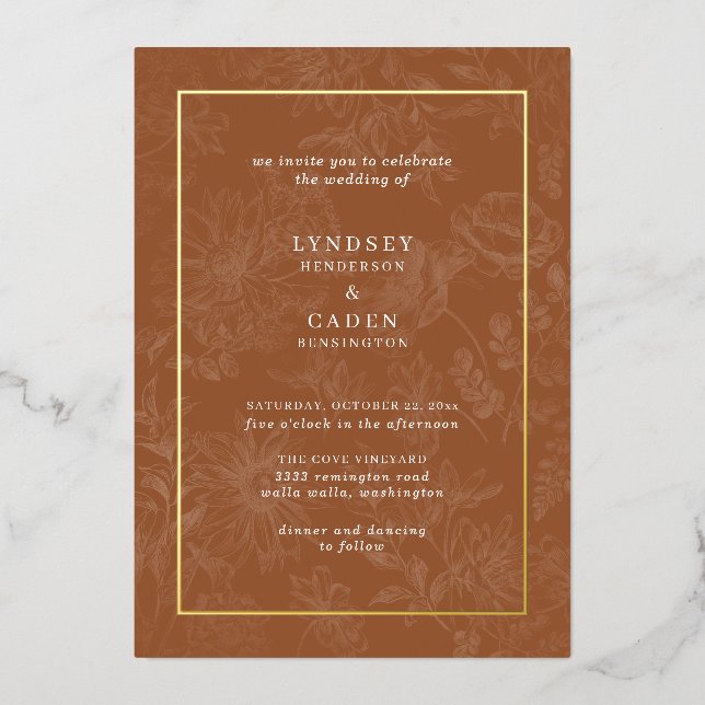 Elegant Romantic Floral Burnt Orange Wedding Gold Foil Invitation (Front)