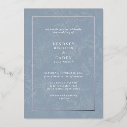 Elegant Romantic Floral Dusty Blue Wedding Silver Foil Invitation