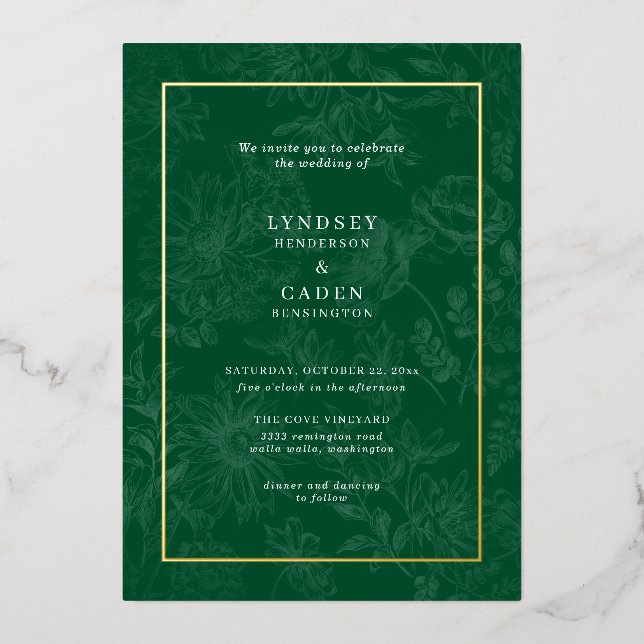 Elegant Romantic Floral Emerald Green Wedding Gold Foil Invitation (Front)
