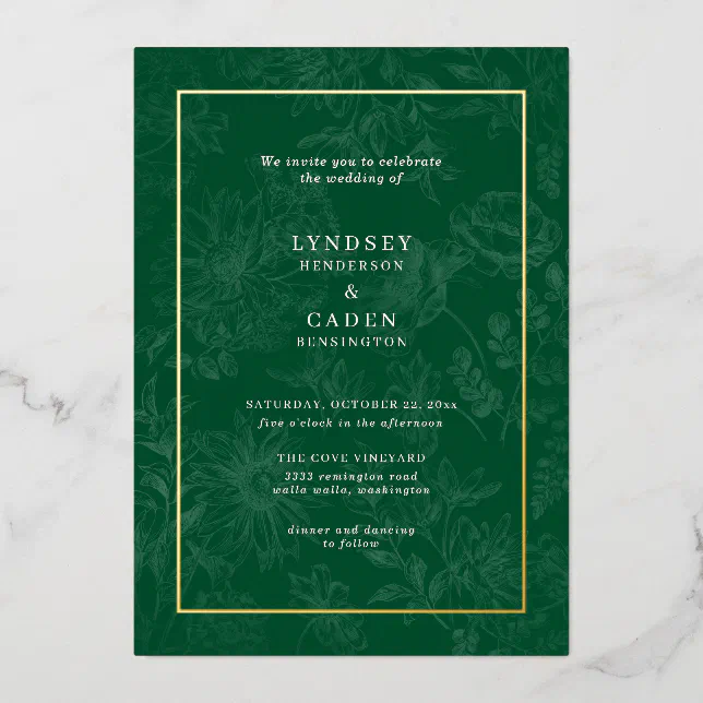 Elegant Romantic Floral Emerald Green Wedding Gold Foil Invitation | Zazzle
