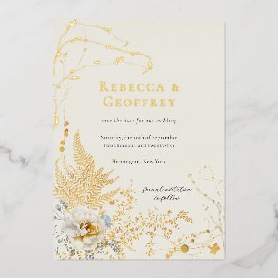 Elegant Romantic Floral Ferns Save the Date Gold Foil Invitation