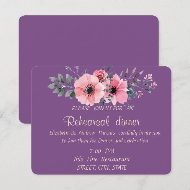 Elegant Romantic  Floral Rehearsal Dinner Invitation (Front/Back)