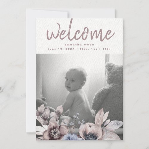 Elegant  Romantic Floral  Watercolor Girl Baby Announcement