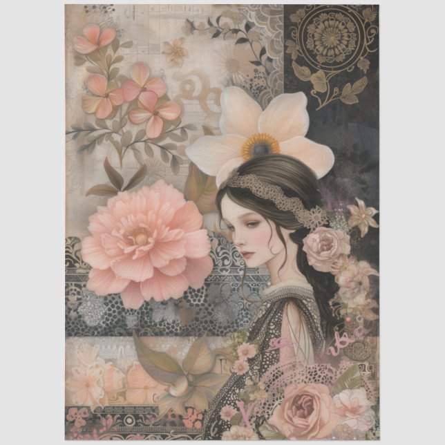 Elegant Romantic Girl Floral Abstract Art Collage  Tissue Paper (Front)