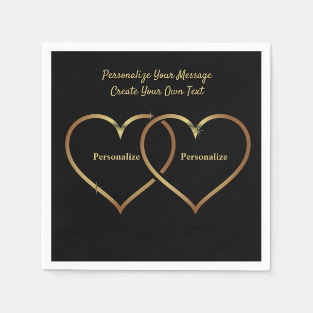 Elegant & Romantic Gold Hearts Black Personalize Napkins (Front)