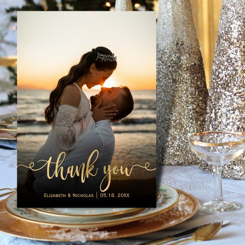 Elegant Romantic Gold Script 2 Photo Wedding Thank You Card