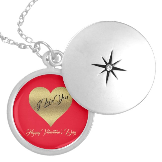 Elegant Romantic Golden Red Heart Valentine's Day Locket Necklace (Front)
