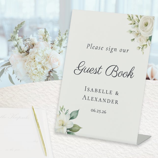 Elegant Romantic Guest Book Pedestal Sign (An elegant freestanding tabletop sign, inviting guests to sign the wedding guest book)