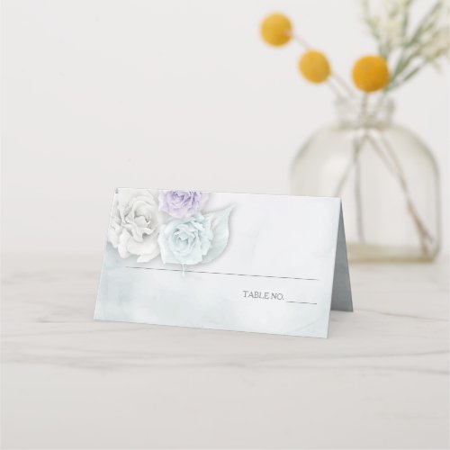 Elegant Romantic Ice white _ Blue and Lilac Roses Place Card