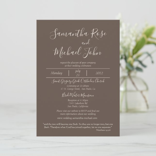 Elegant Romantic Ivory Scripts Cedar Brown Wedding Invitation (Standing Front)