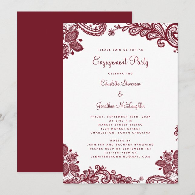 Elegant Romantic Lace Engagement Party Red White Invitation (Front/Back)