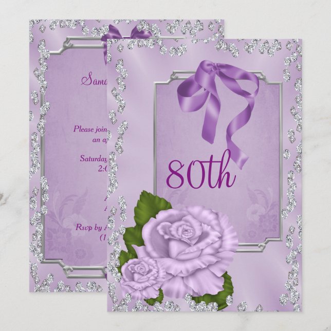 Elegant Romantic Lilac Roses & Bows 80th Invitation (Front/Back)