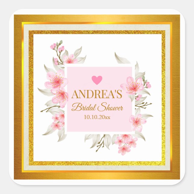Elegant Romantic Modern Pink Floral Bridal Shower Square Sticker (Front)
