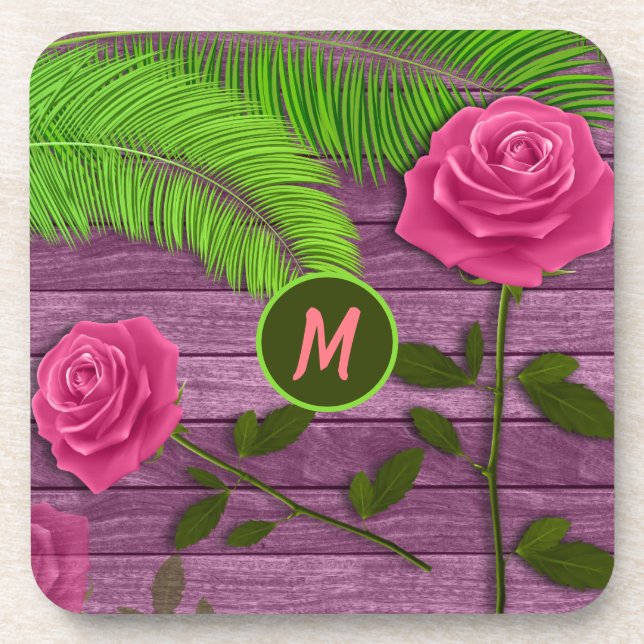 Elegant & Romantic Monogram Pink Roses Wood BG Beverage Coaster (Front)